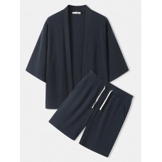 Men Japanese Style Kimono Ribbed Short Length Home Pajamas Sets