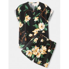 Mens Floral Print V  Neck Loose Cotton Comfy Short Loungewear With Pocket