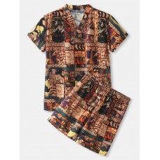 Mens Abstract Print V  Neck Short Sleeve Top Home Pajamas Sauna Sweating Suit