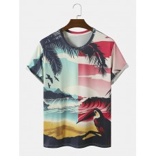 Men Parrot   Palm Tree Landscape Pattern All Matched Skin Friendly T  Shirts