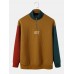 Men Corduroy Patchwork Contrast Color Letter Stand Collar Letter Pullover Sweatshirt