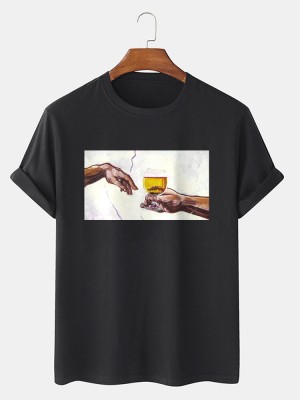 Mens Beers Figure Hand Graphic Cotton Short Sleeve T  Shirts