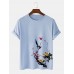 Mens Bird   Plum Bossom Print Short Sleeve Cotton T  Shirts