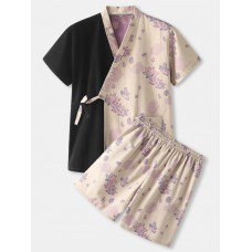 Mens Contrast Color Floral Print Lace  Up Cotton Two  Piece Sauna Bathwear Home Pajamas